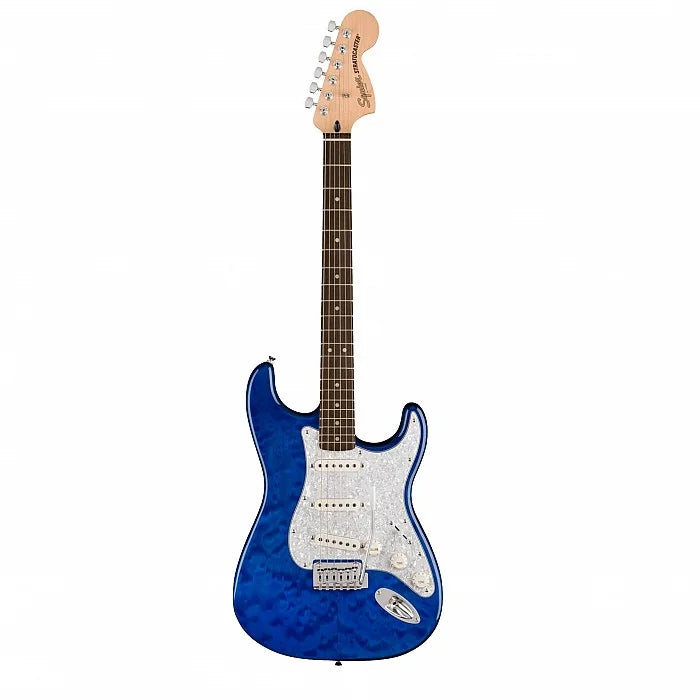 Squier FSR Affinity Stratocaster QMT Electric Guitar, Laurel FB, Sapphire Blue Transparent