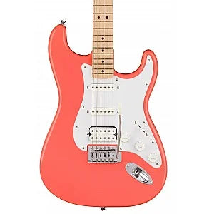 Squier Sonic Stratocaster HSS Electric Guitar w/White Pickguard, Maple FB, Tahitian Coral